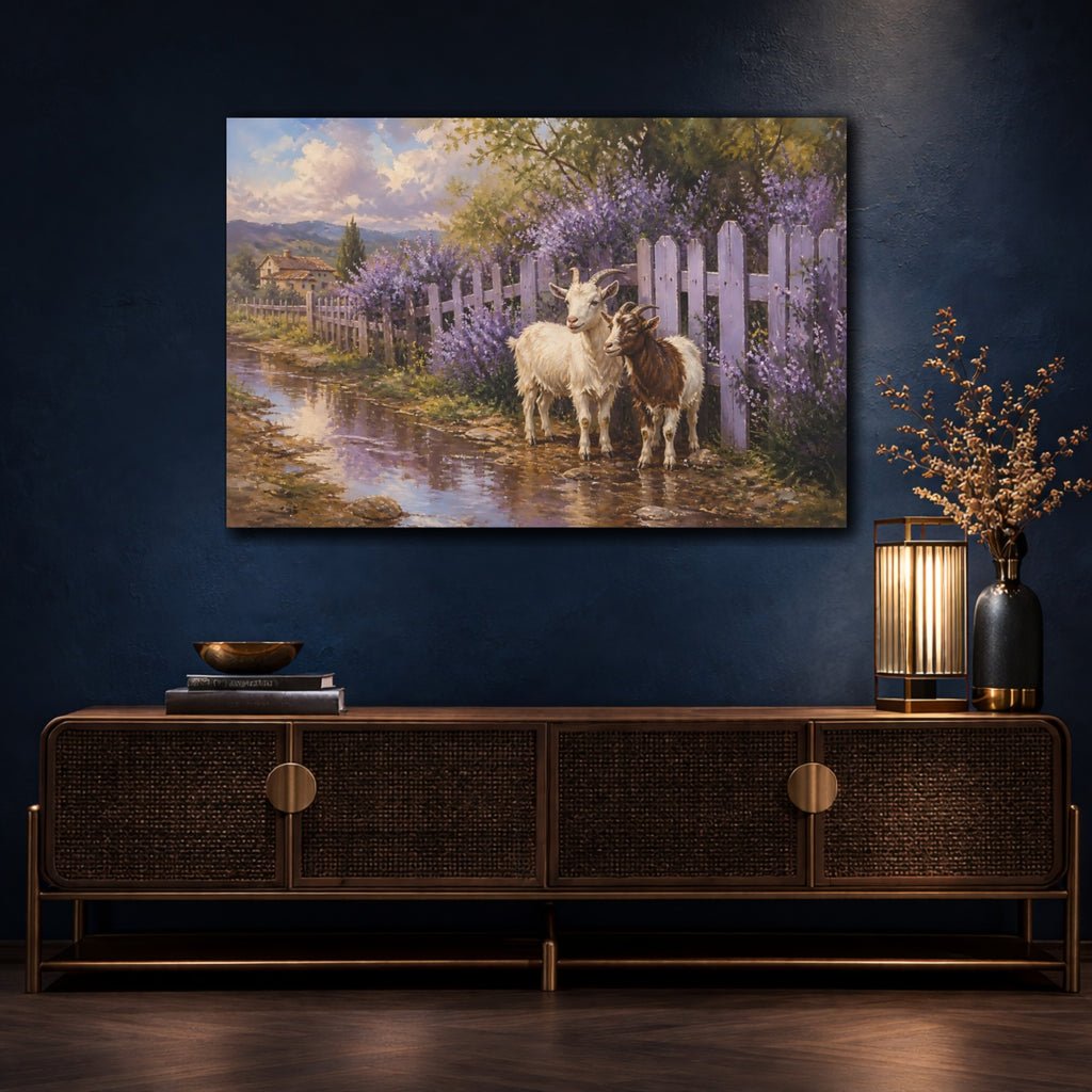 Mockup 4. Animals Goats Purple Goats shown as stretched canvas wall art
