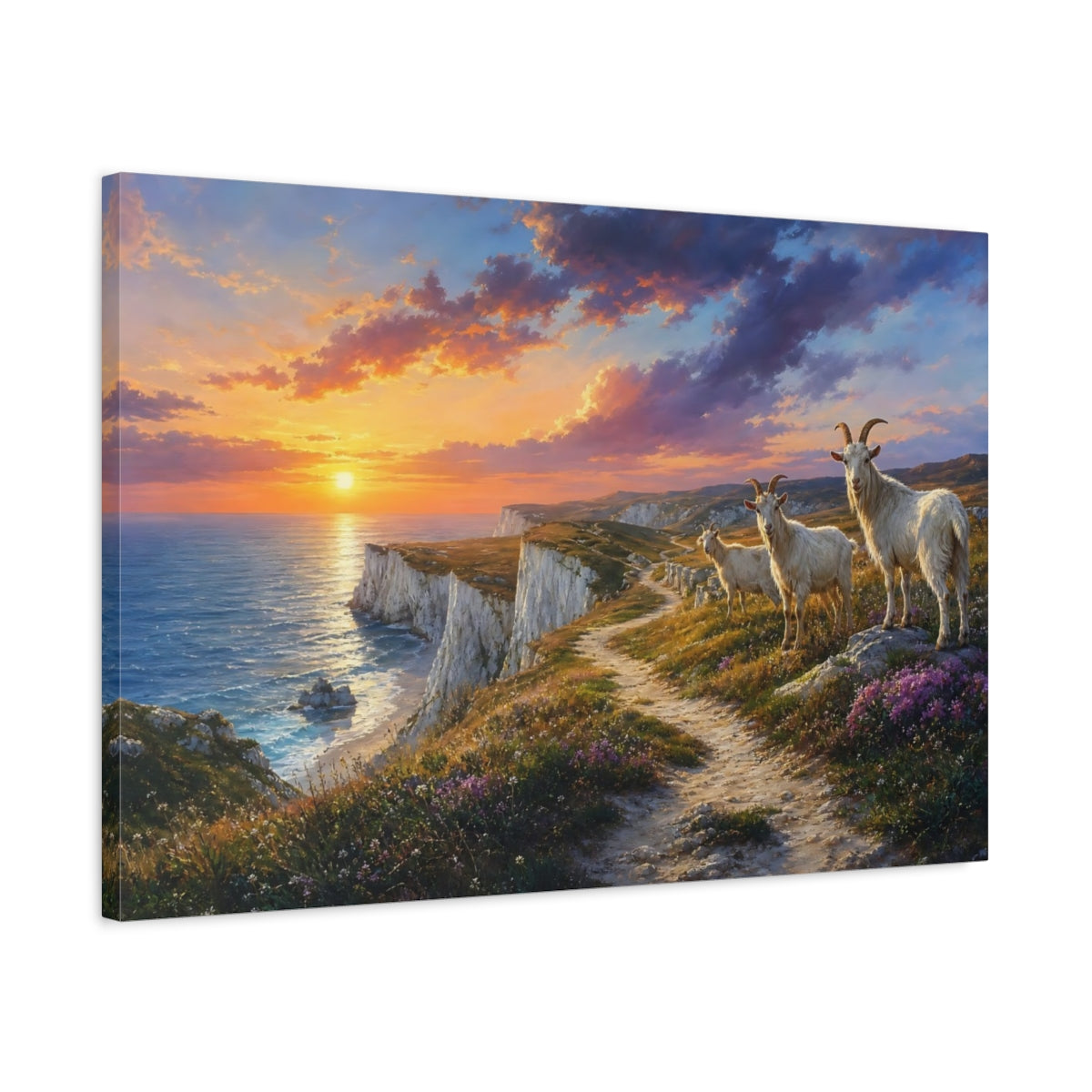 Side Mockup 2. Animals Goats Goats Sunset Cliff shown as stretched canvas wall art