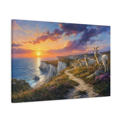 Side Mockup 2. Animals Goats Goats Sunset Cliff shown as stretched canvas wall art