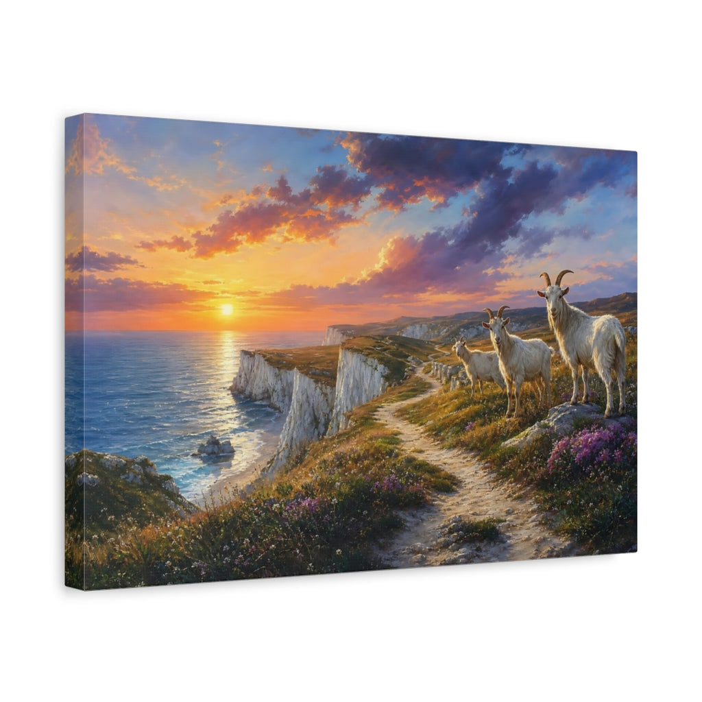Side Mockup 4. Animals Goats Goats Sunset Cliff shown as stretched canvas wall art