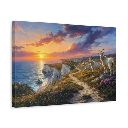Side Mockup 4. Animals Goats Goats Sunset Cliff shown as stretched canvas wall art