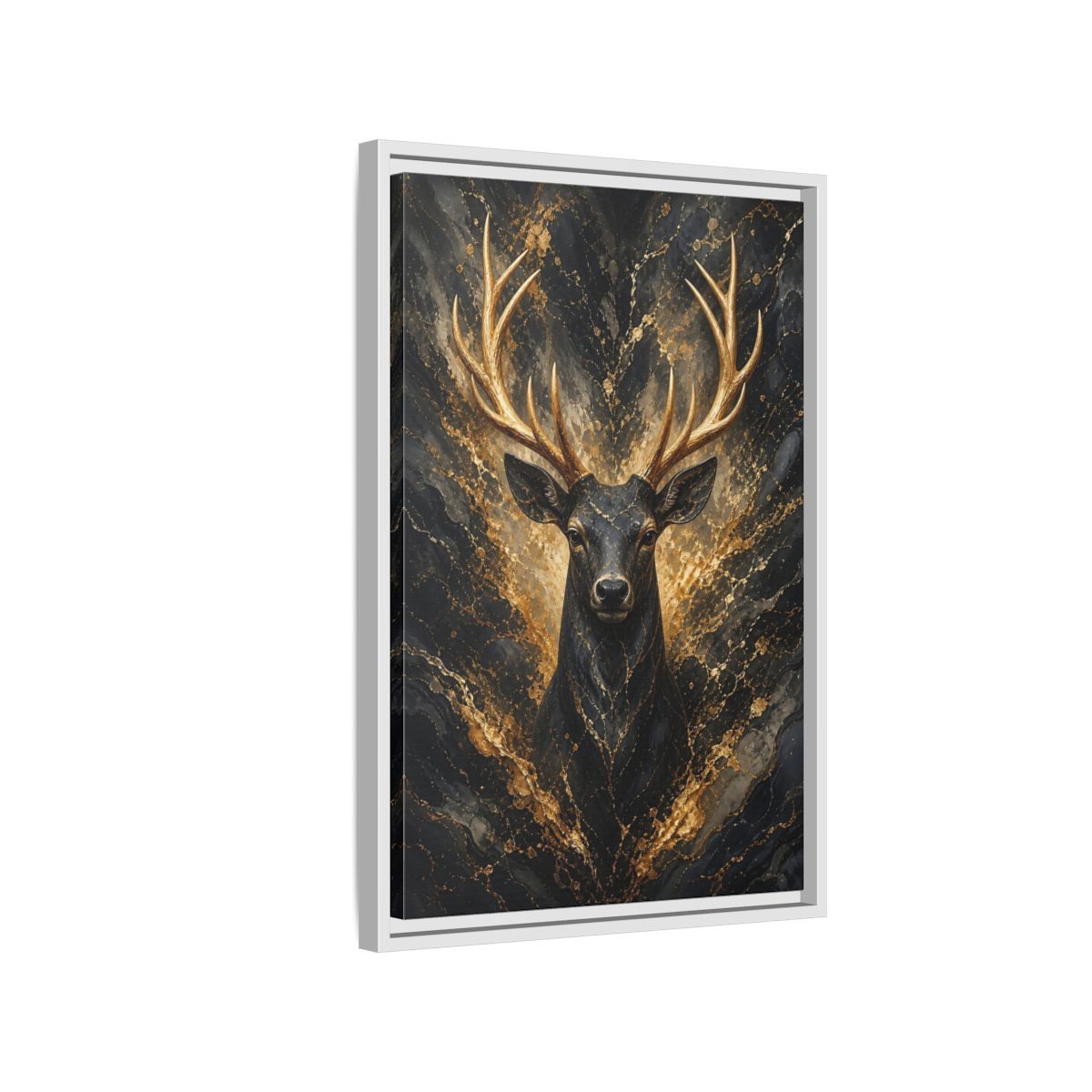 Side Mockup 1. Animals Golden Deer Black And Gold shown as stretched canvas wall art