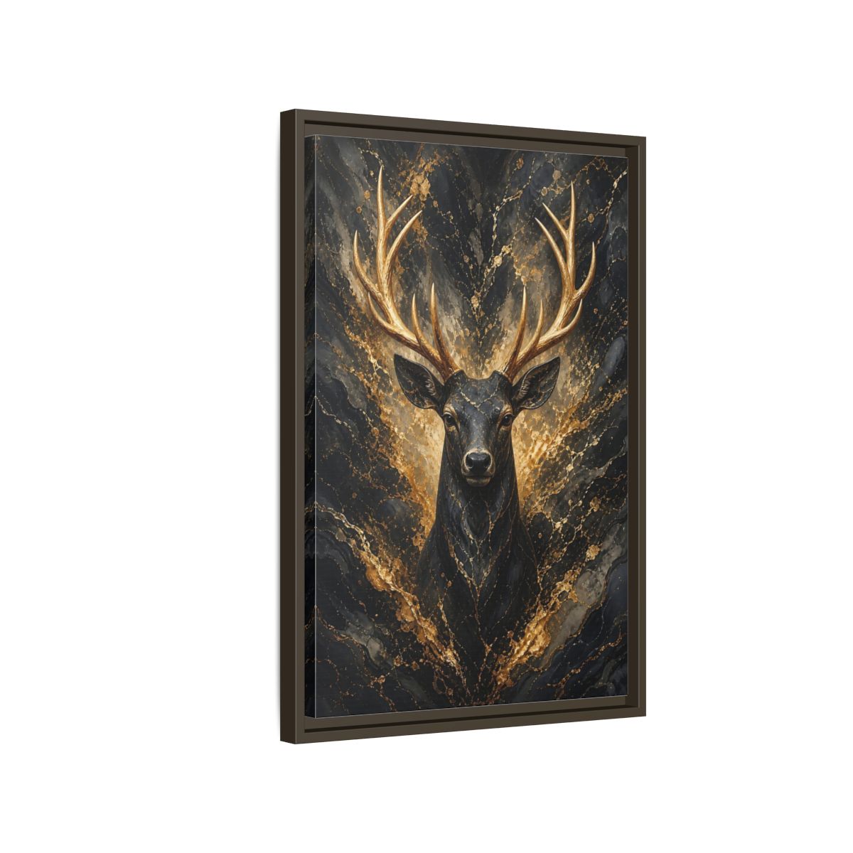 Side Mockup 2. Animals Golden Deer Black And Gold shown as stretched canvas wall art