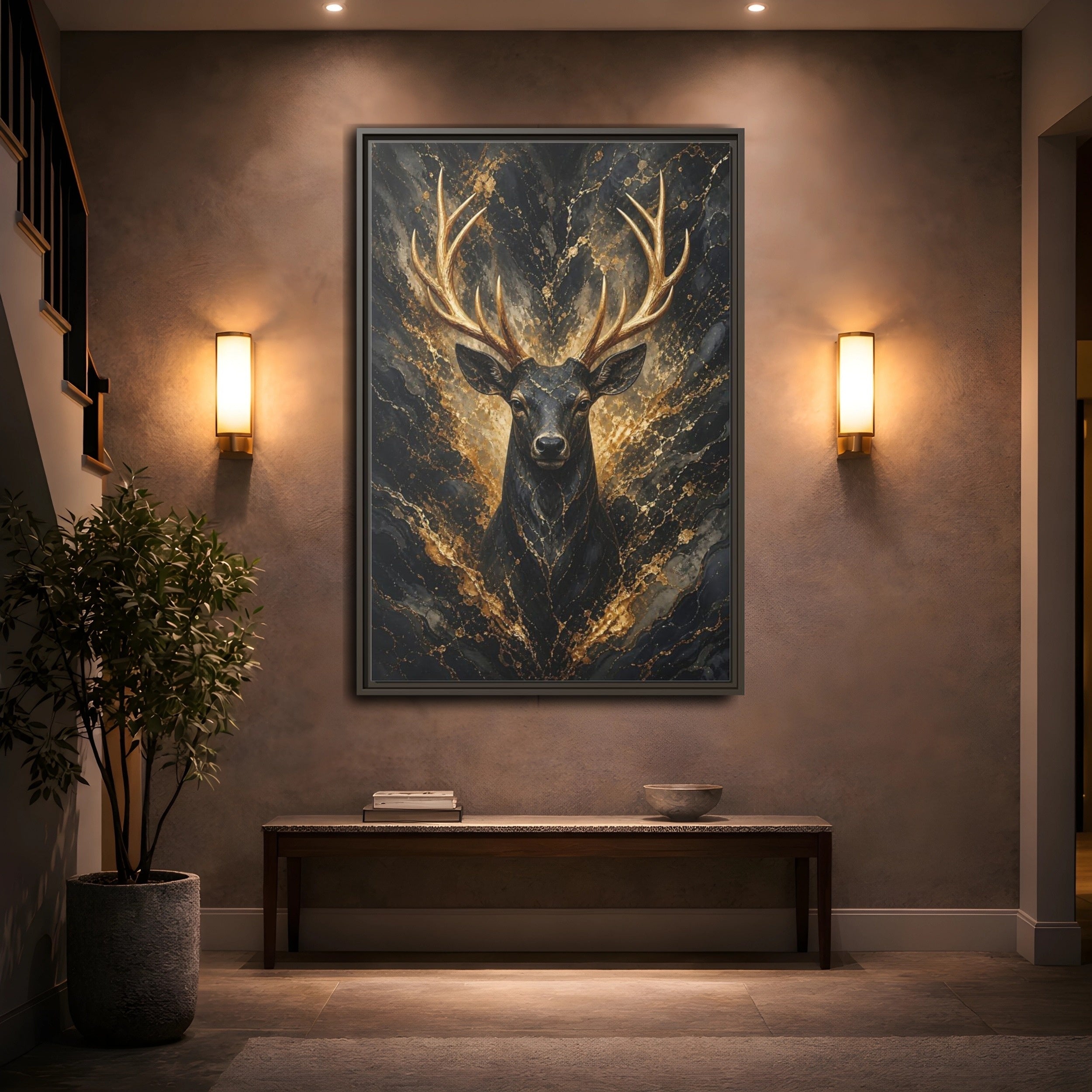 Mockup 2. Animals Golden Deer Black And Gold shown as stretched canvas wall art