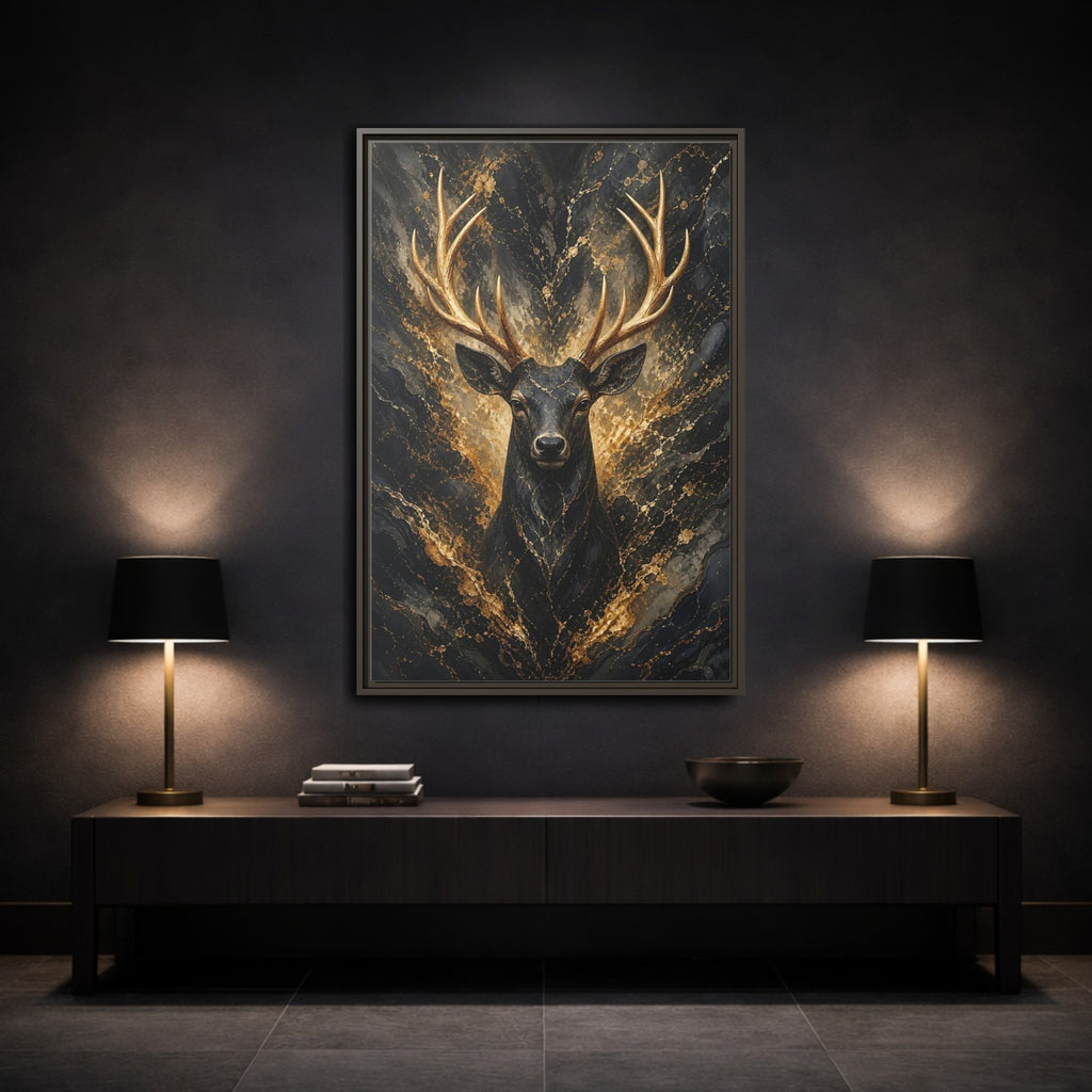 Mockup 3. Animals Golden Deer Black And Gold shown as stretched canvas wall art