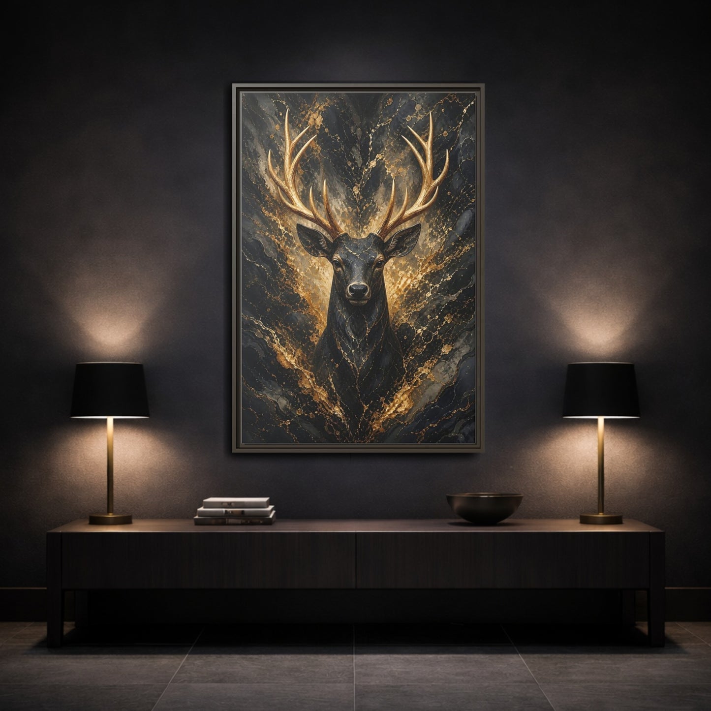Animals Golden Deer Black and Gold Framed Canvas Wall Art - Living Room shown as canvas wall art
