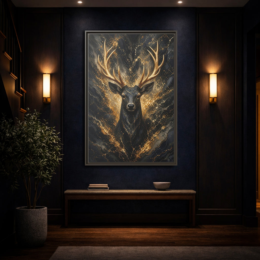 Mockup 4. Animals Golden Deer Black And Gold shown as stretched canvas wall art