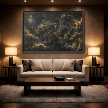 Mockup 2. Animals Golden Dragon Black And Gold Dragon shown as stretched canvas wall art