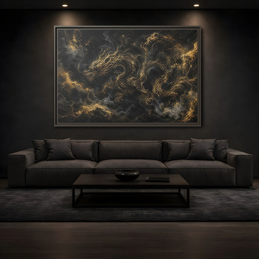 Mockup 3. Animals Golden Dragon Black And Gold Dragon shown as stretched canvas wall art