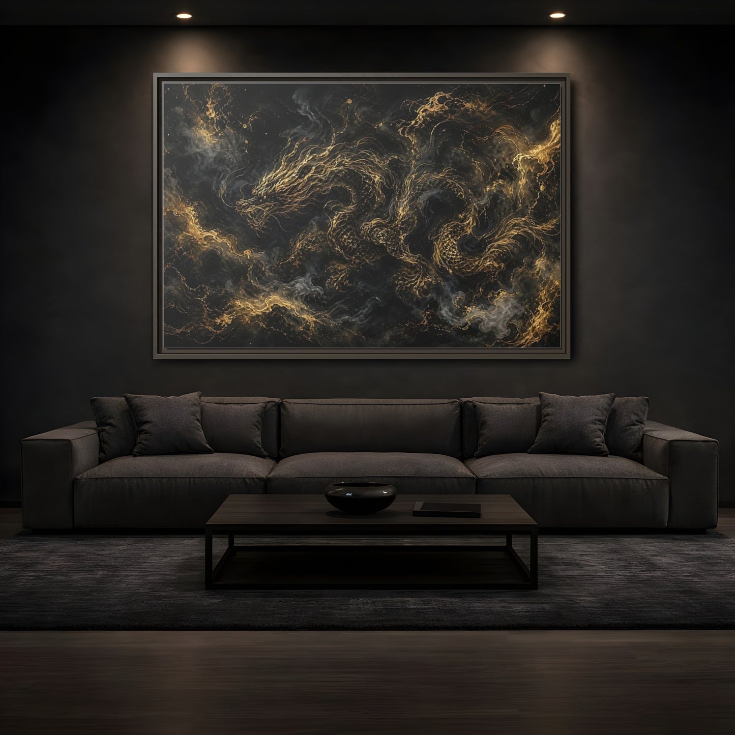 Mockup 3. Animals Golden Dragon Black And Gold Dragon shown as stretched canvas wall art
