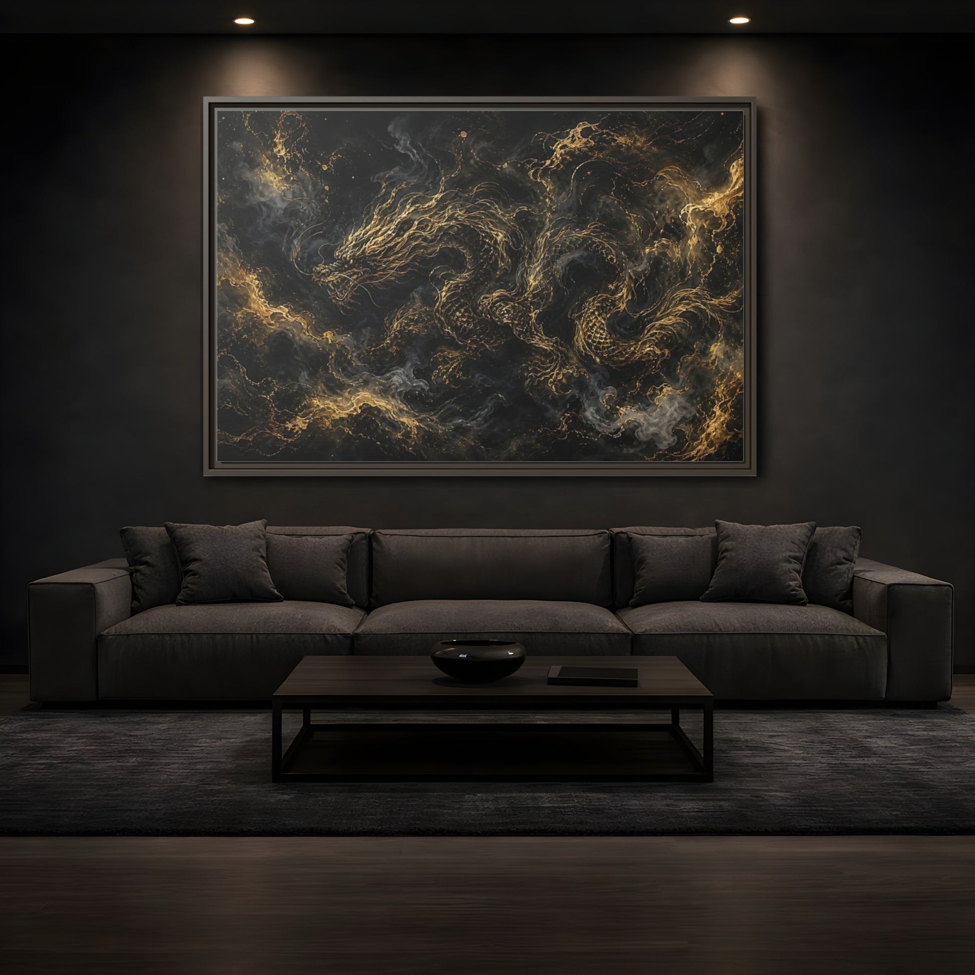 Mockup 3. Animals Golden Dragon Black And Gold Dragon shown as stretched canvas wall art