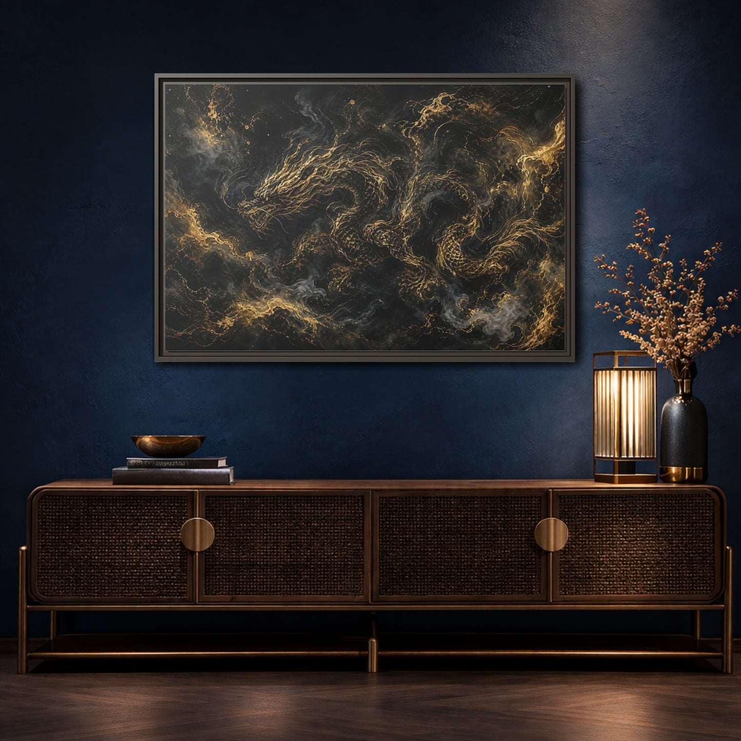 Mockup 4. Animals Golden Dragon Black And Gold Dragon shown as stretched canvas wall art