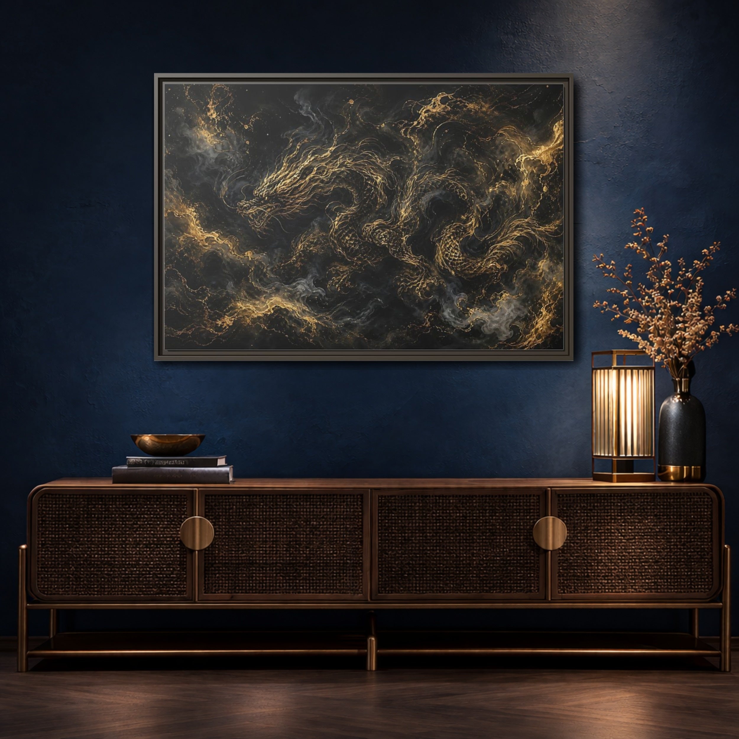 Mockup 4. Animals Golden Dragon Black And Gold Dragon shown as stretched canvas wall art