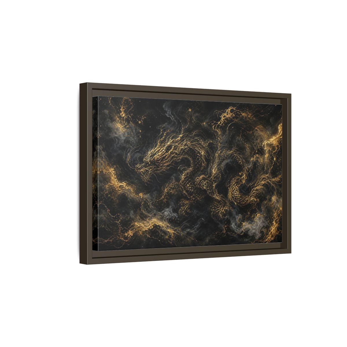 Side Mockup 5. Animals Golden Dragon Black And Gold Dragon shown as stretched canvas wall art