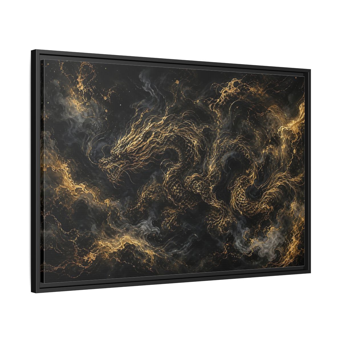 Side Mockup 13. Animals Golden Dragon Black And Gold Dragon shown as stretched canvas wall art