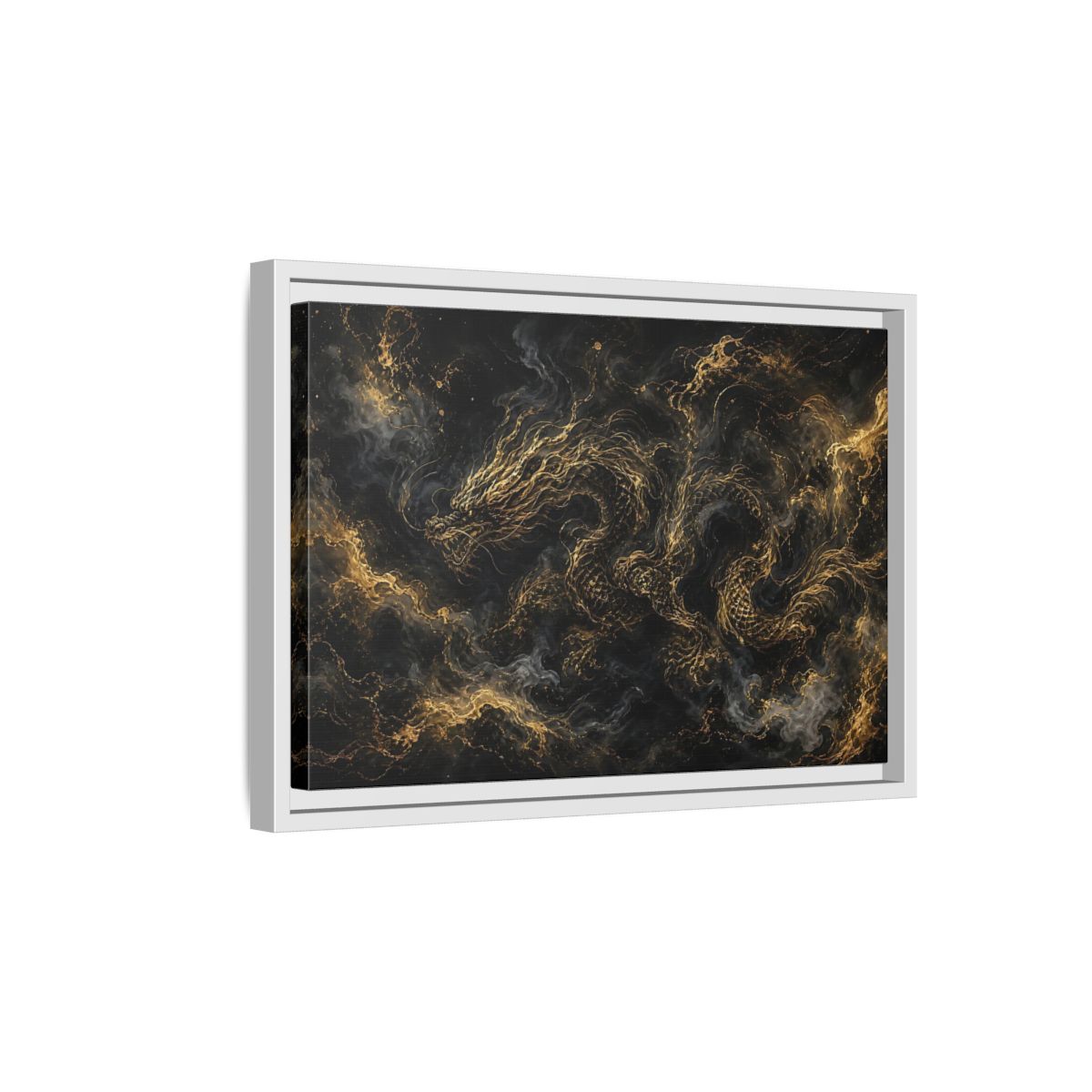Side Mockup 4. Animals Golden Dragon Black And Gold Dragon shown as stretched canvas wall art