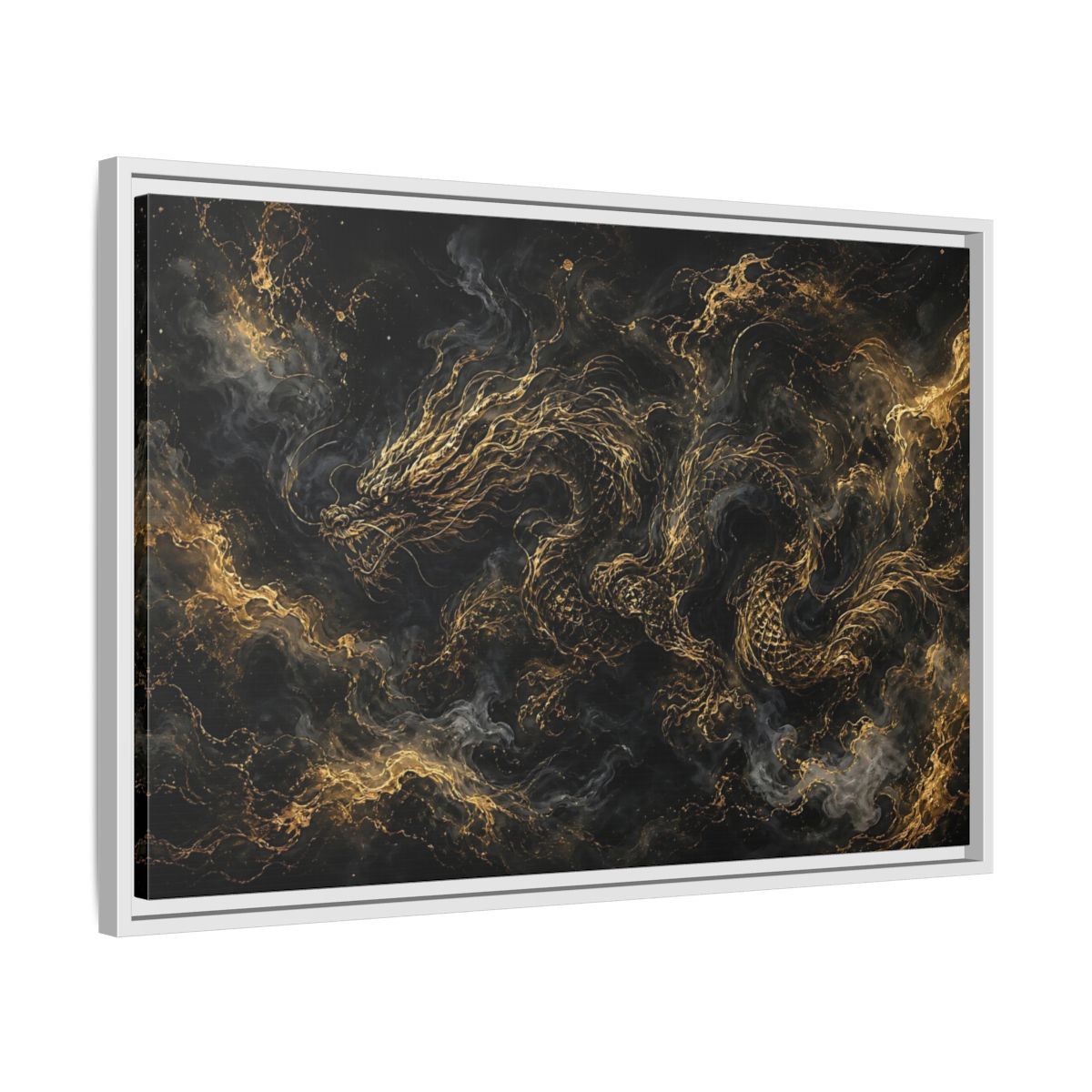 Side Mockup 10. Animals Golden Dragon Black And Gold Dragon shown as stretched canvas wall art