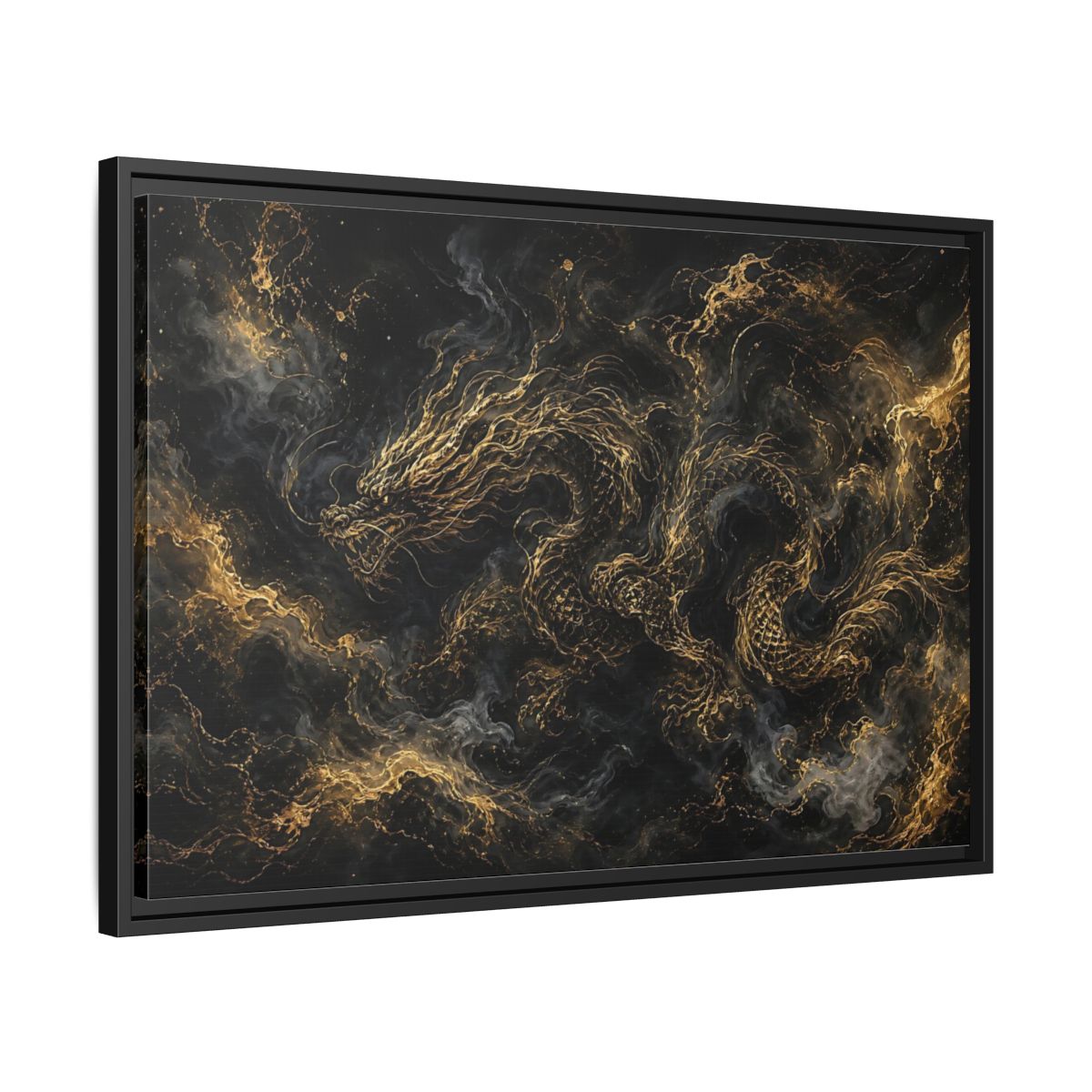 Side Mockup 14. Animals Golden Dragon Black And Gold Dragon shown as stretched canvas wall art