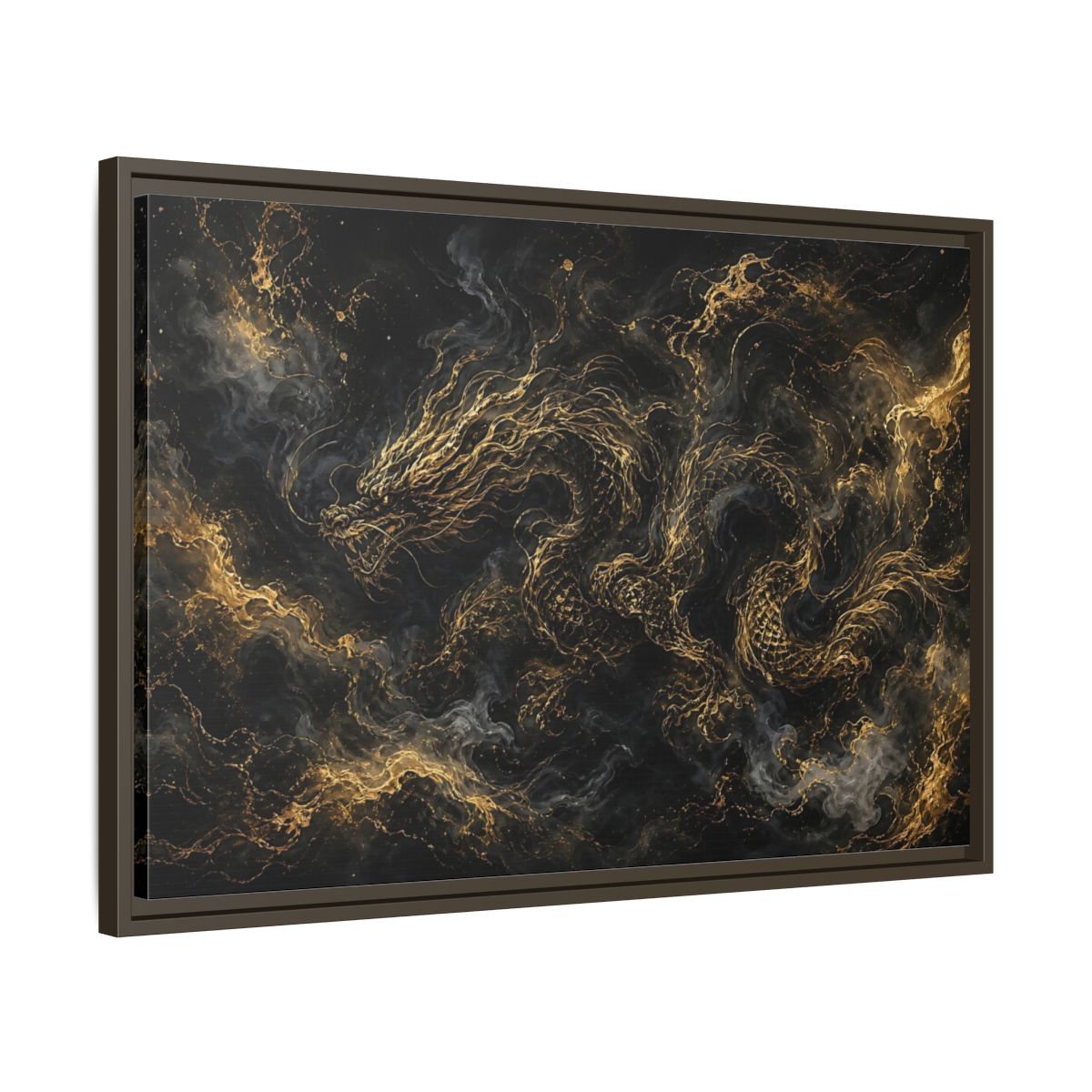 Side Mockup 11. Animals Golden Dragon Black And Gold Dragon shown as stretched canvas wall art