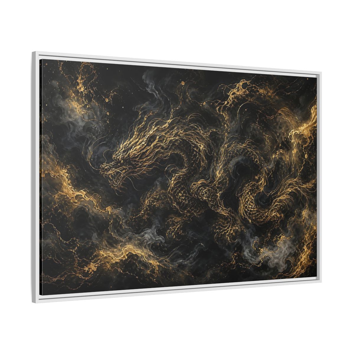 Side Mockup 7. Animals Golden Dragon Black And Gold Dragon shown as stretched canvas wall art
