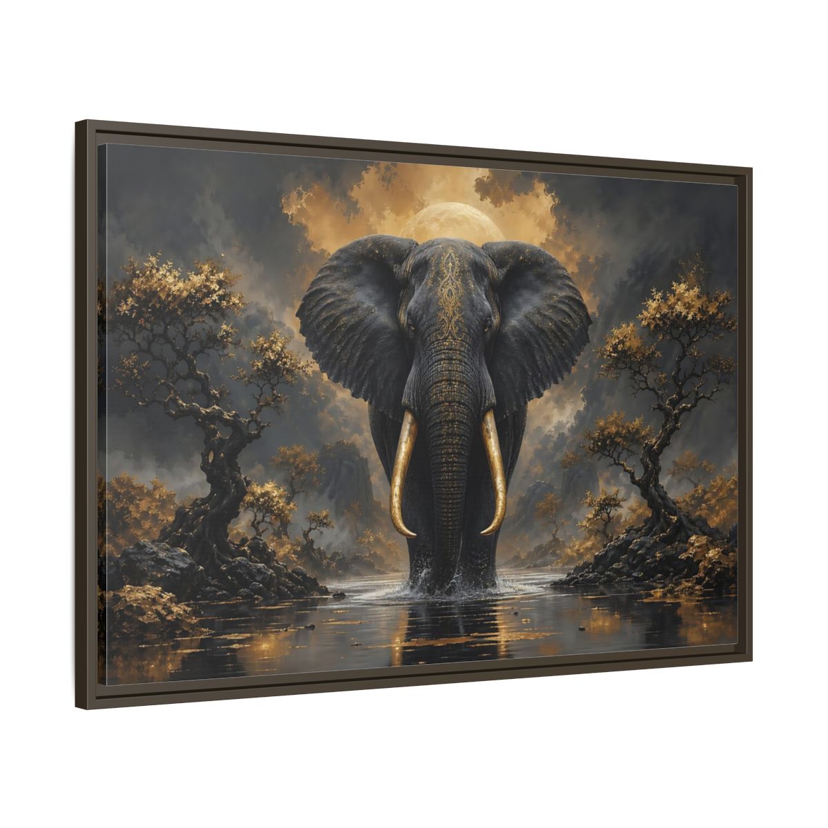 Main Mockup. Animals Golden Elephant Black Gold Elephant shown as stretched canvas wall art