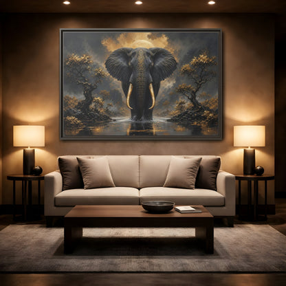 Mockup 2. Animals Golden Elephant Black Gold Elephant shown as stretched canvas wall art
