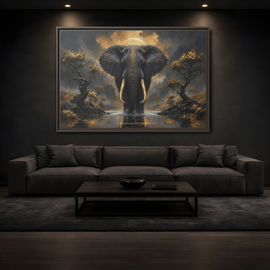 Mockup 3. Animals Golden Elephant Black Gold Elephant shown as stretched canvas wall art