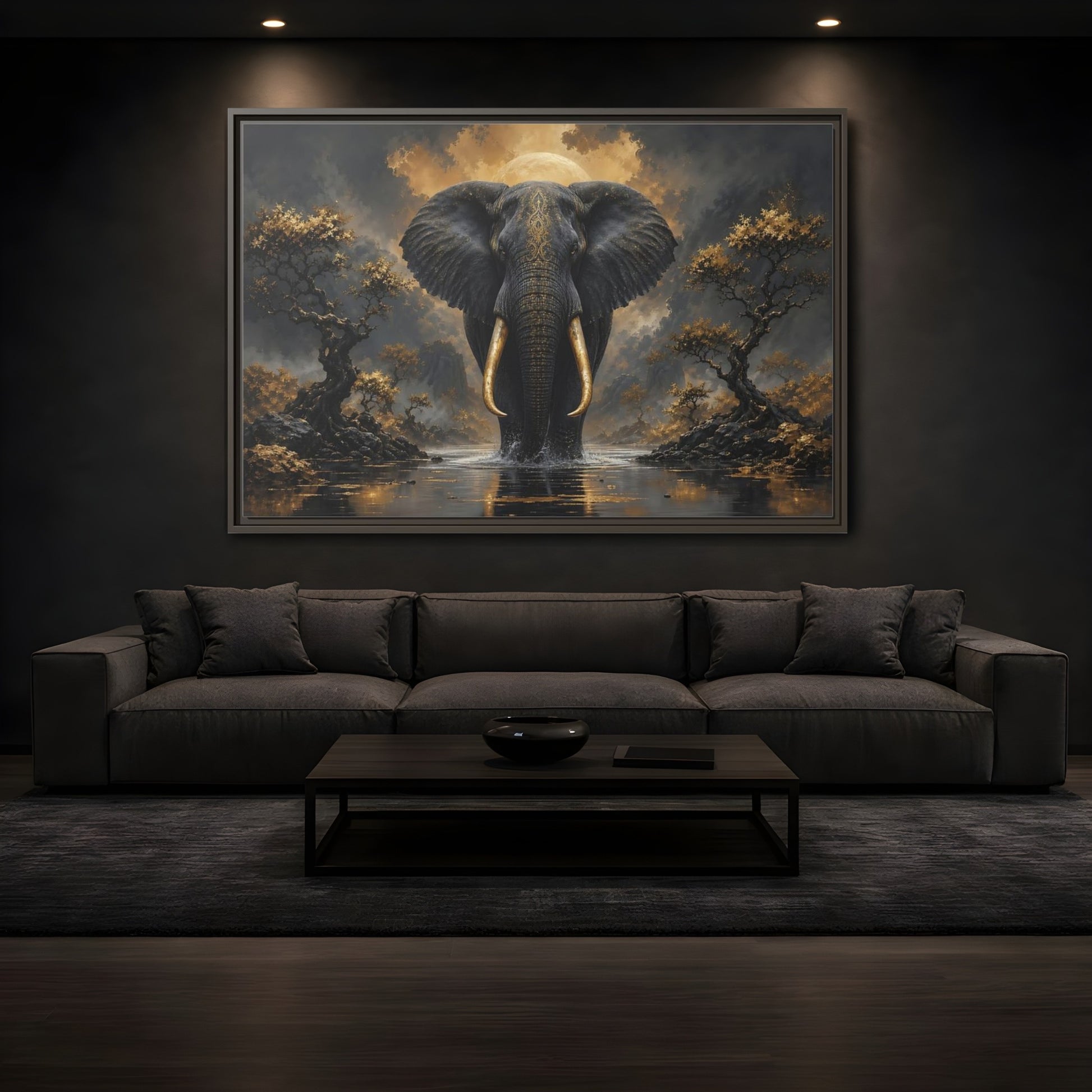 Mockup 3. Animals Golden Elephant Black Gold Elephant shown as stretched canvas wall art