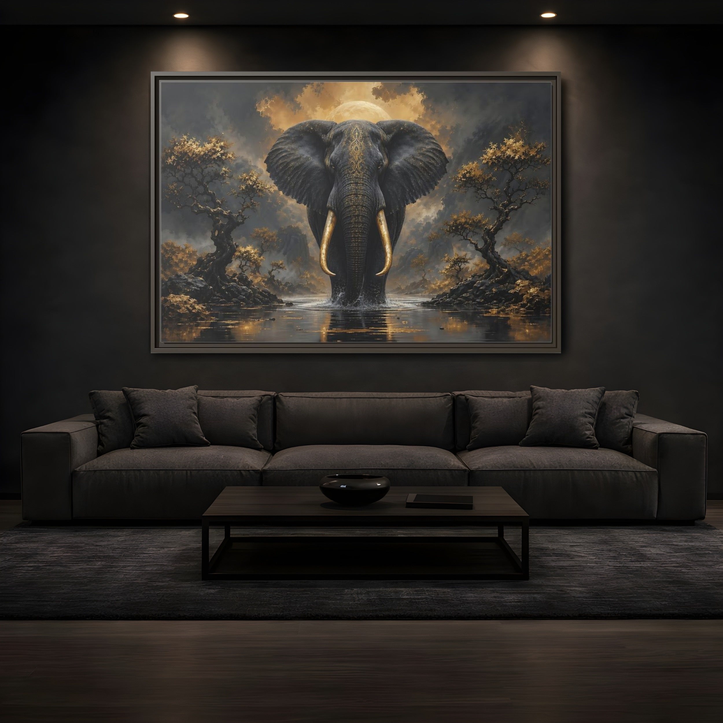 Mockup 3. Animals Golden Elephant Black Gold Elephant shown as stretched canvas wall art