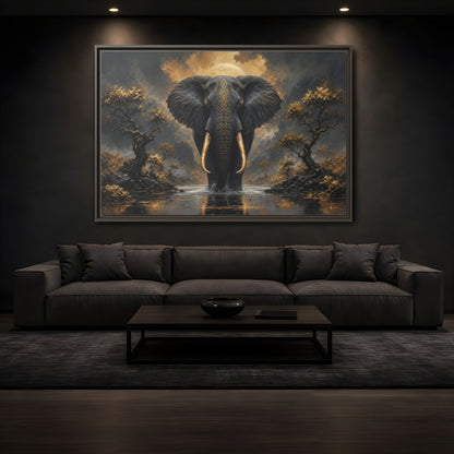 Mockup 3. Animals Golden Elephant Black Gold Elephant shown as stretched canvas wall art