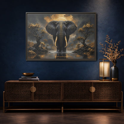 Mockup 4. Animals Golden Elephant Black Gold Elephant shown as stretched canvas wall art