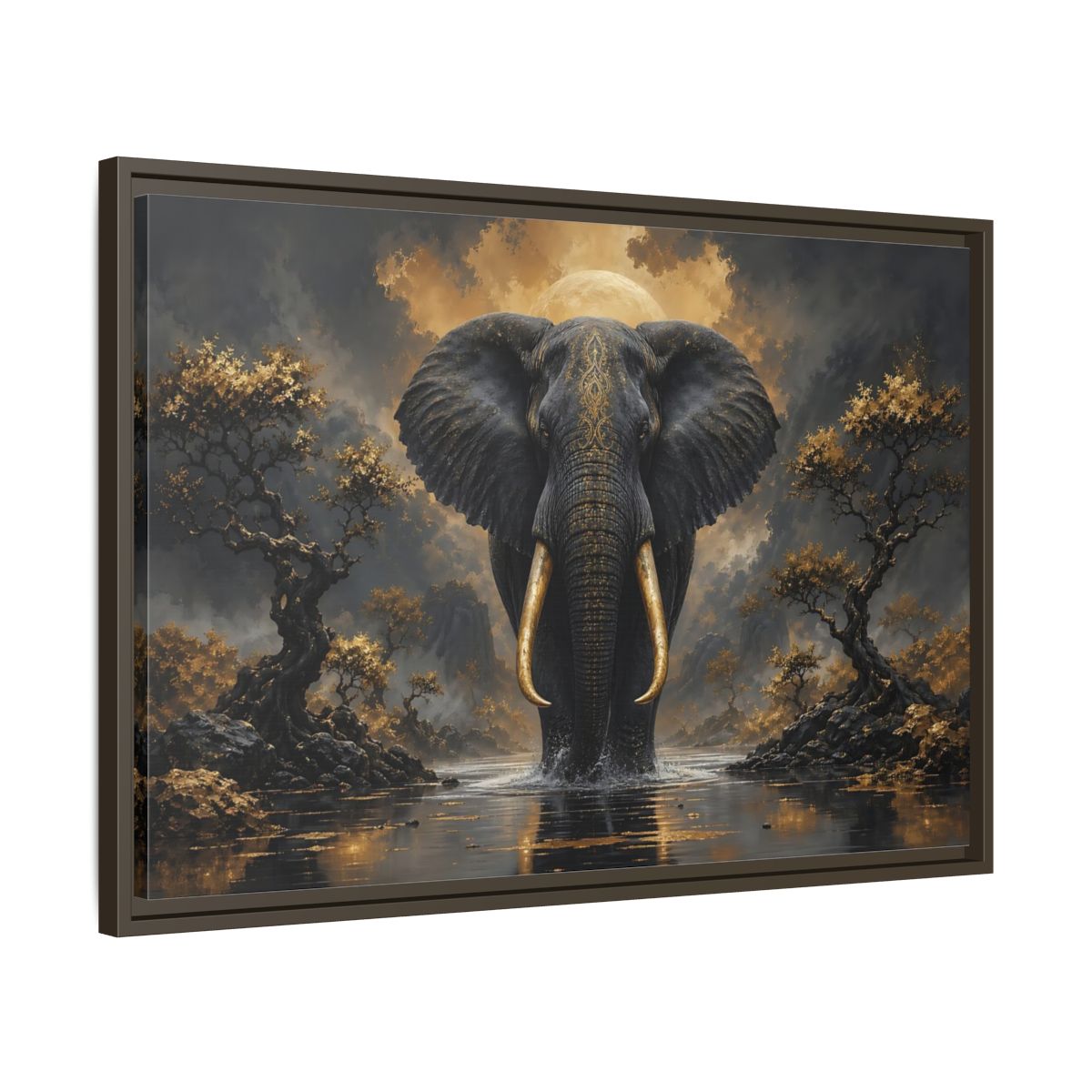 Side Mockup 11. Animals Golden Elephant Black Gold Elephant shown as stretched canvas wall art