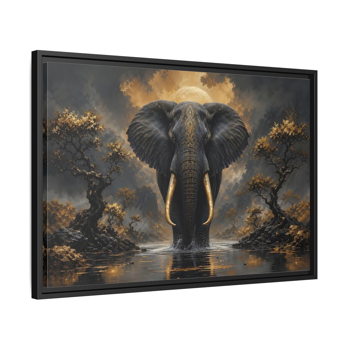 Side Mockup 14. Animals Golden Elephant Black Gold Elephant shown as stretched canvas wall art