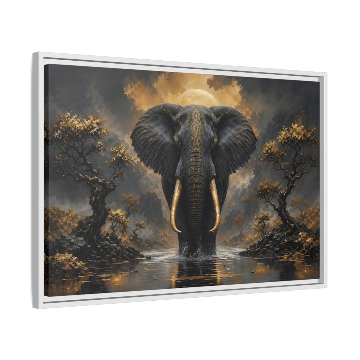 Side Mockup 10. Animals Golden Elephant Black Gold Elephant shown as stretched canvas wall art
