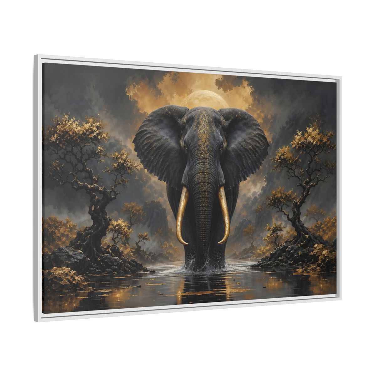 Side Mockup 7. Animals Golden Elephant Black Gold Elephant shown as stretched canvas wall art