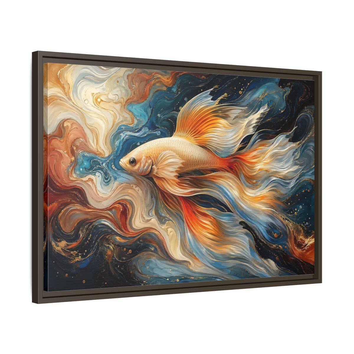 Side Mockup 11. Animals Golden Fish Abstract Gold Fish Art shown as stretched canvas wall art
