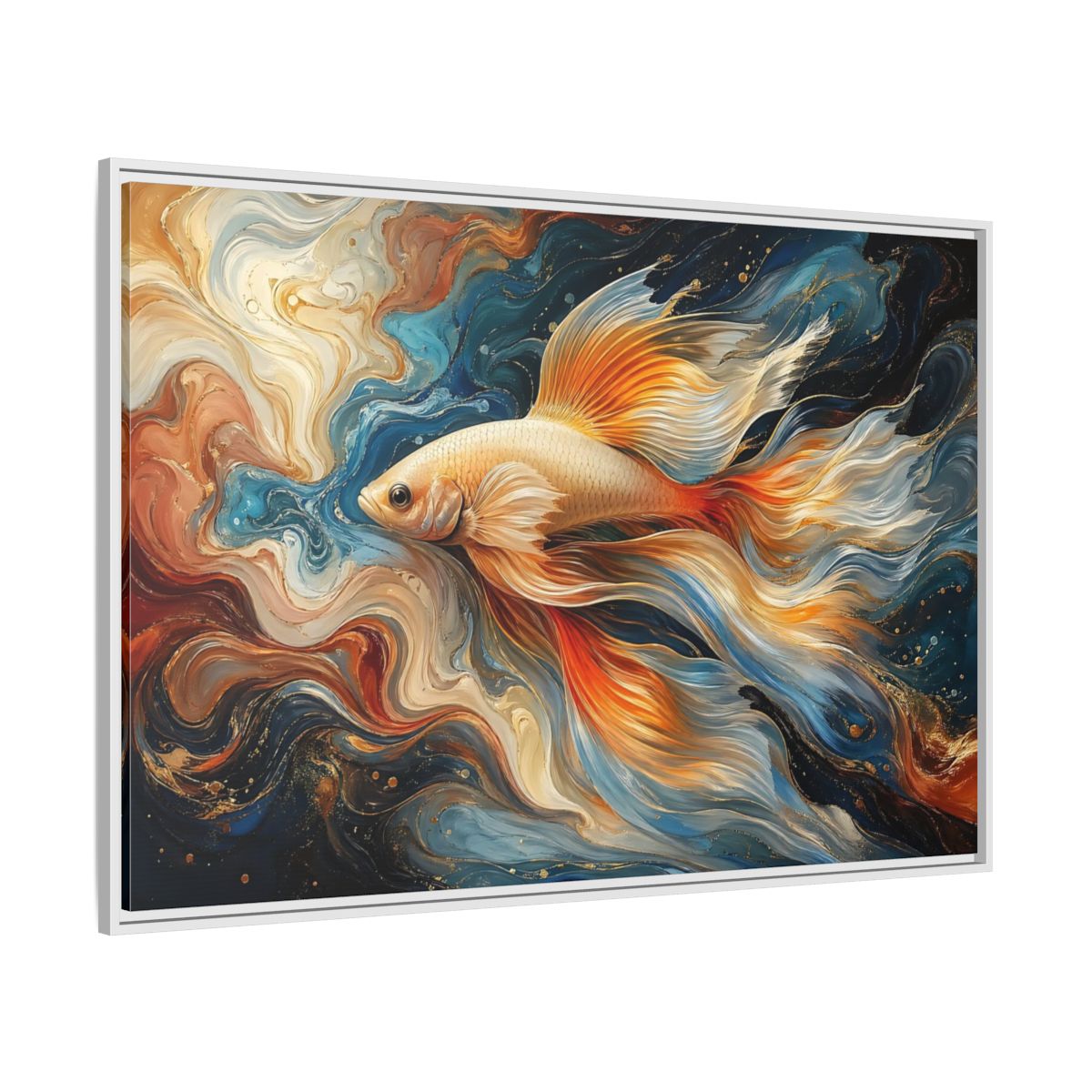 Side Mockup 7. Animals Golden Fish Abstract Gold Fish Art shown as stretched canvas wall art