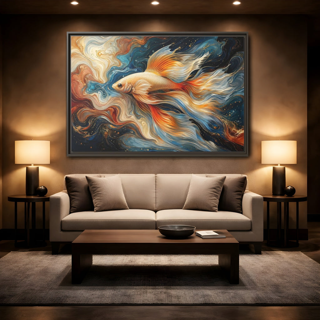 Mockup 2. Animals Golden Fish Abstract Gold Fish Art shown as stretched canvas wall art