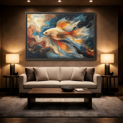 Mockup 2. Animals Golden Fish Abstract Gold Fish Art shown as stretched canvas wall art