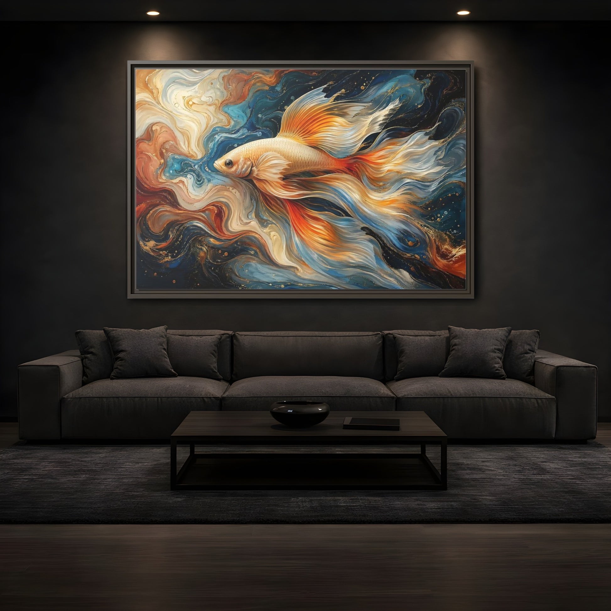 Mockup 3. Animals Golden Fish Abstract Gold Fish Art shown as stretched canvas wall art