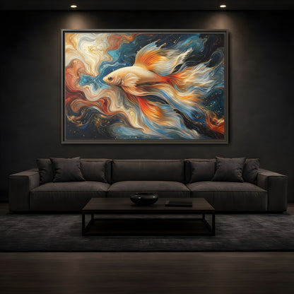 Mockup 3. Animals Golden Fish Abstract Gold Fish Art shown as stretched canvas wall art