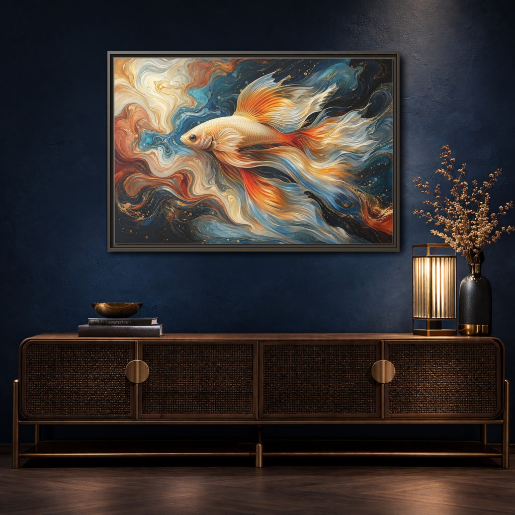 Mockup 4. Animals Golden Fish Abstract Gold Fish Art shown as stretched canvas wall art