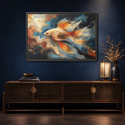 Mockup 4. Animals Golden Fish Abstract Gold Fish Art shown as stretched canvas wall art
