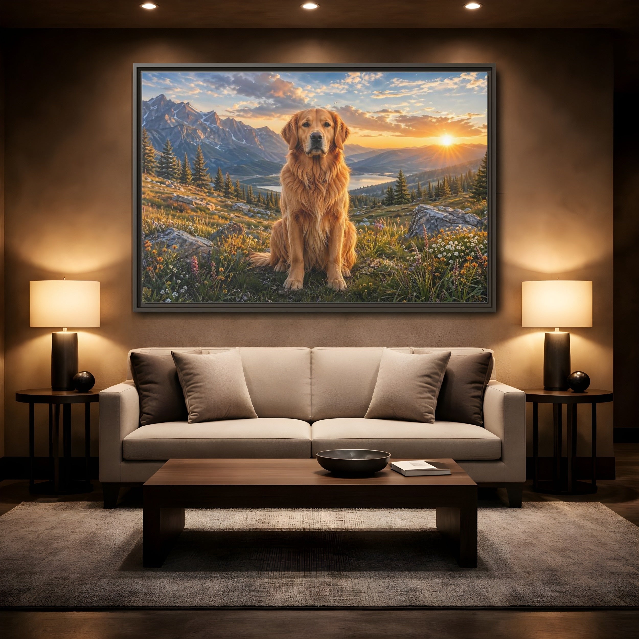 Mockup 2. Animals Golden Retriever Golden Mountain Sunset shown as stretched canvas wall art