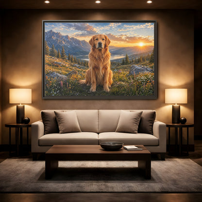 Mockup 2. Animals Golden Retriever Golden Mountain Sunset shown as stretched canvas wall art