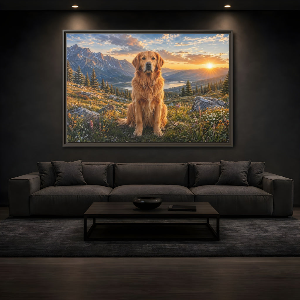 Mockup 3. Animals Golden Retriever Golden Mountain Sunset shown as stretched canvas wall art