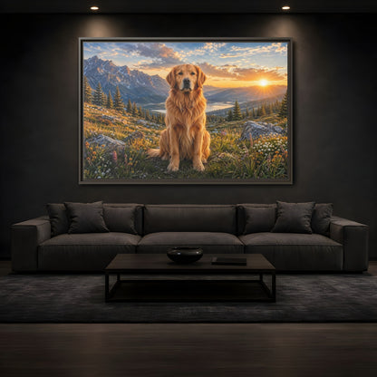 Mockup 3. Animals Golden Retriever Golden Mountain Sunset shown as stretched canvas wall art