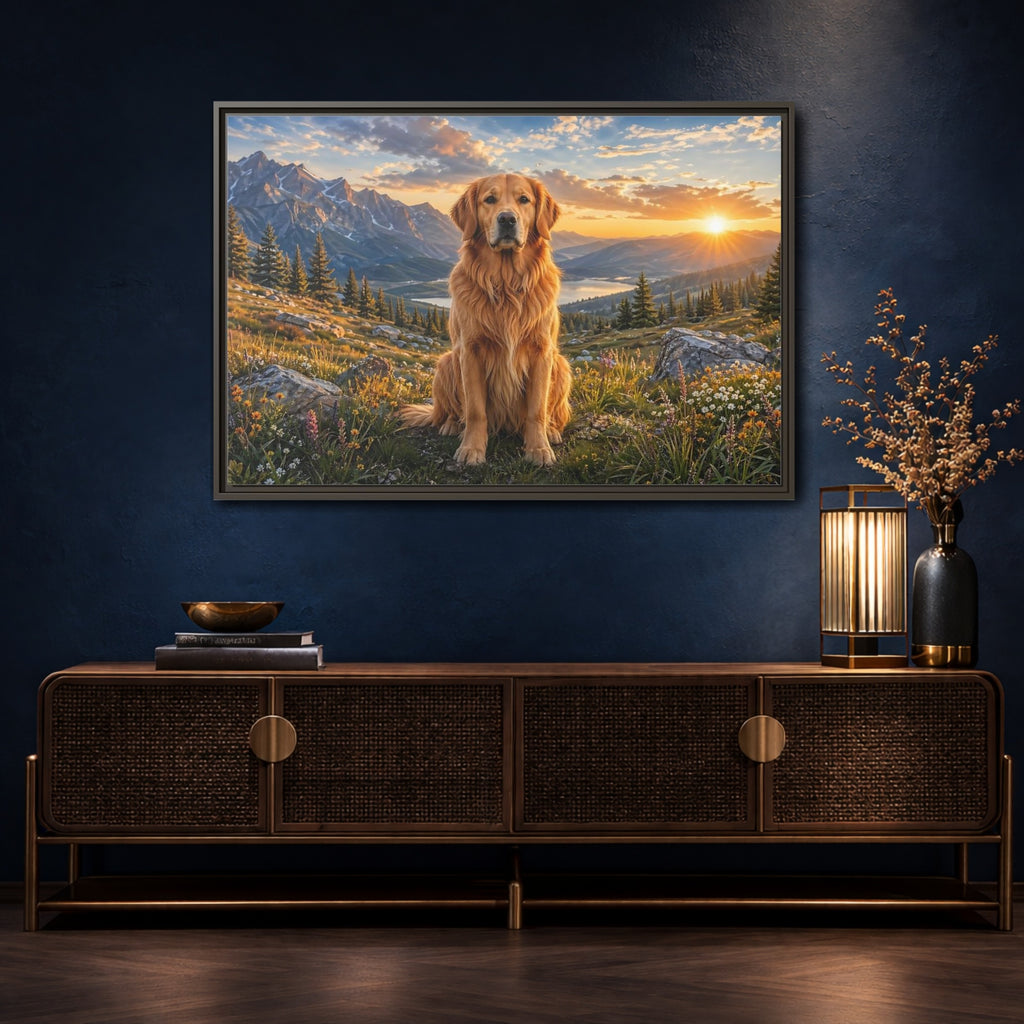Mockup 4. Animals Golden Retriever Golden Mountain Sunset shown as stretched canvas wall art