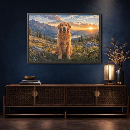 Mockup 4. Animals Golden Retriever Golden Mountain Sunset shown as stretched canvas wall art
