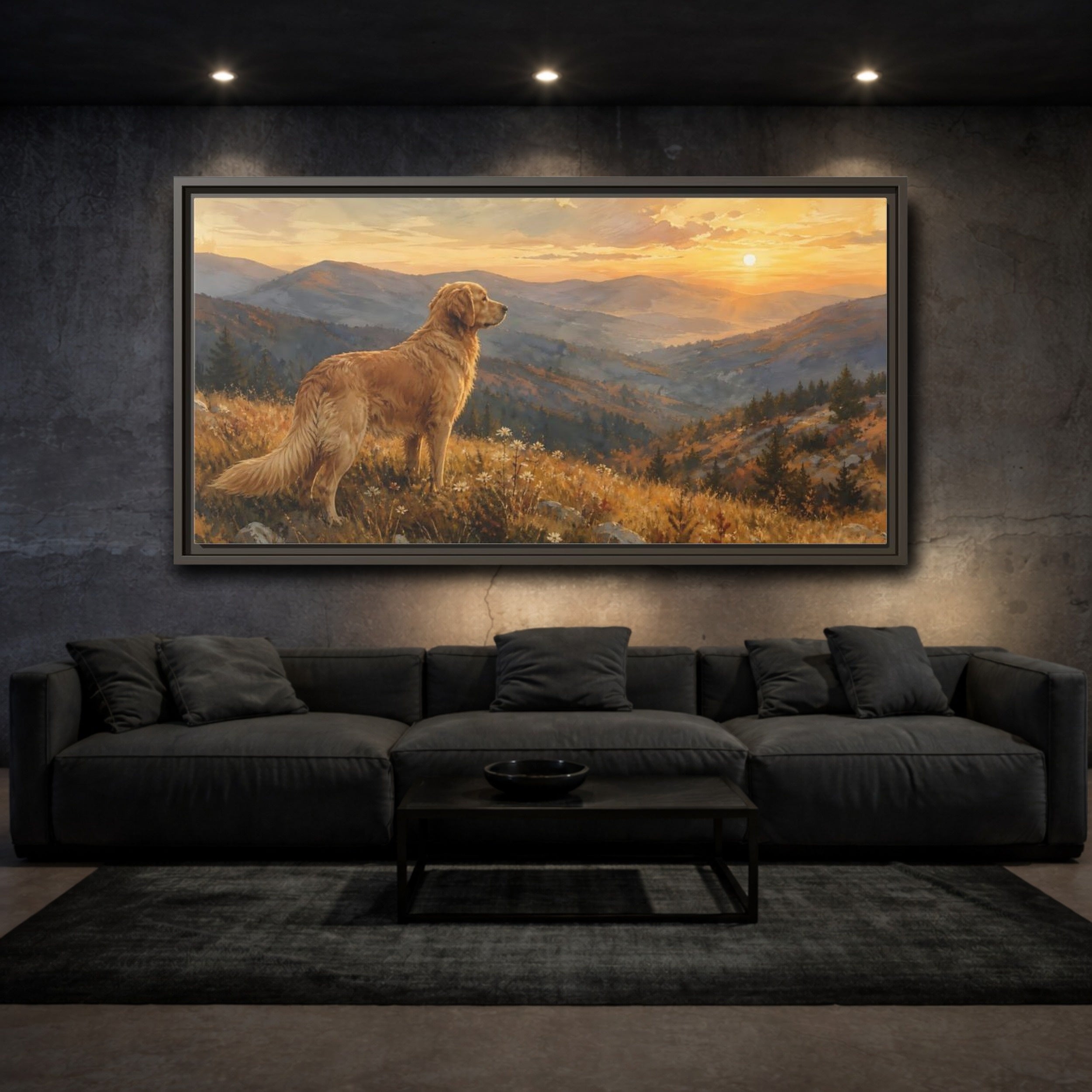 Mockup 2. Animals Golden Retriever Golden Retriever Sunset shown as stretched canvas wall art